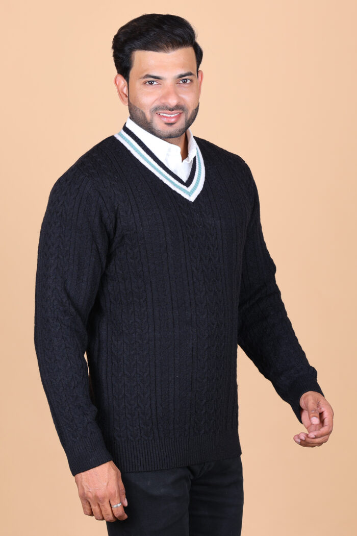CABLE KNIT WITH STRPES IN NECKLINE V- NECK - Image 4