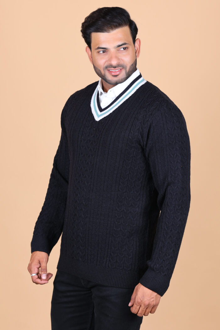 CABLE KNIT WITH STRPES IN NECKLINE V- NECK - Image 3